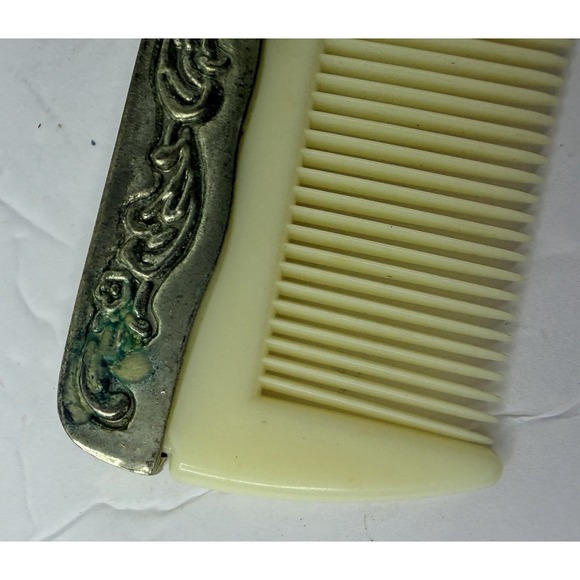 Vintage Ornate Metal & Ivory Plastic Hair Comb Floral Design Vanity Grooming - Picture 3 of 5